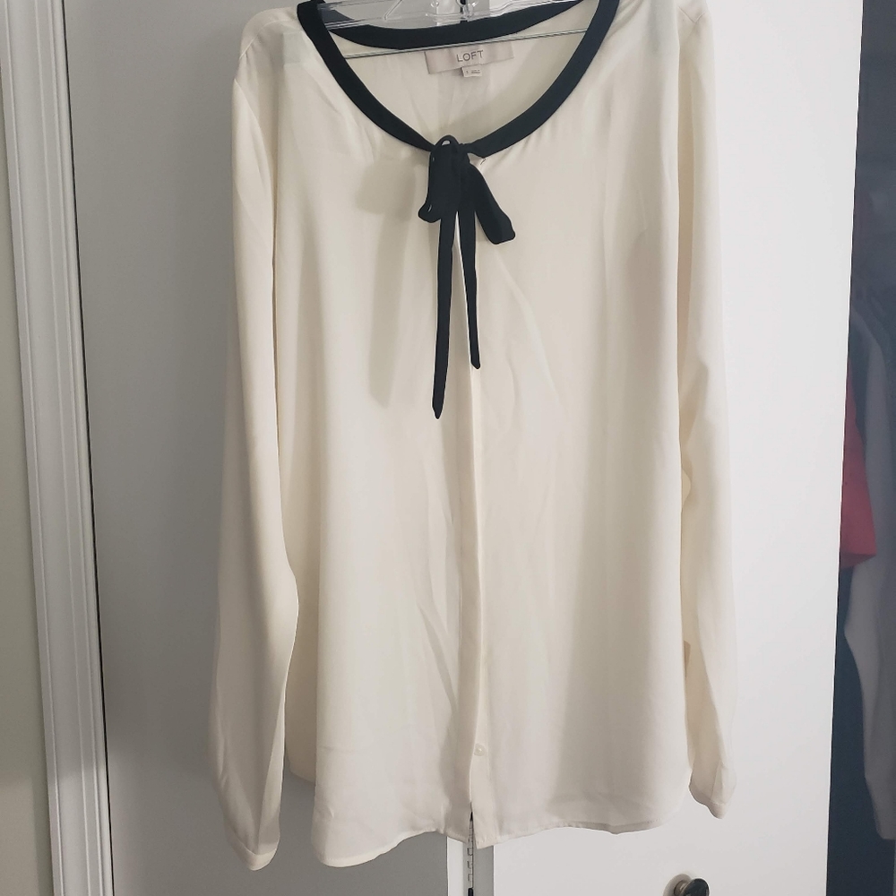Loft Black and White Button-Up Tie-Front Blouse